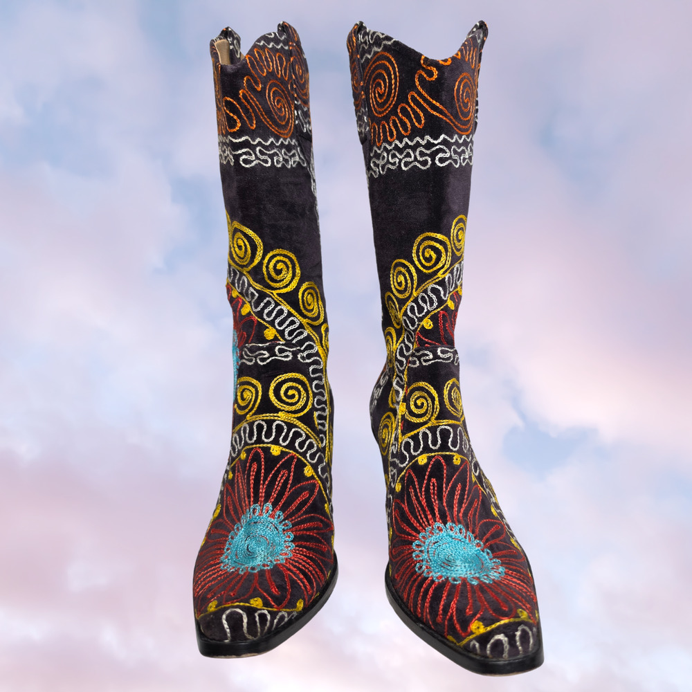 Velvet Road Black Colorful Pink Blue Yellow Floral Embroidered Western Boho Boot - Picture 2 of 9